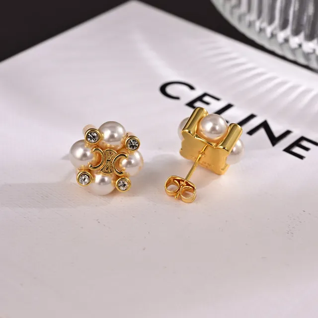 Celine Triomphe Pearl and Crystal Floral Stud Earrings 5
