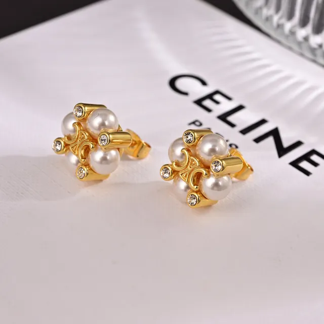 Celine Triomphe Pearl and Crystal Floral Stud Earrings 7