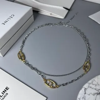 Celine Triomphe Silver Gold Double-Layer Chain Oval Logo Charms Necklace