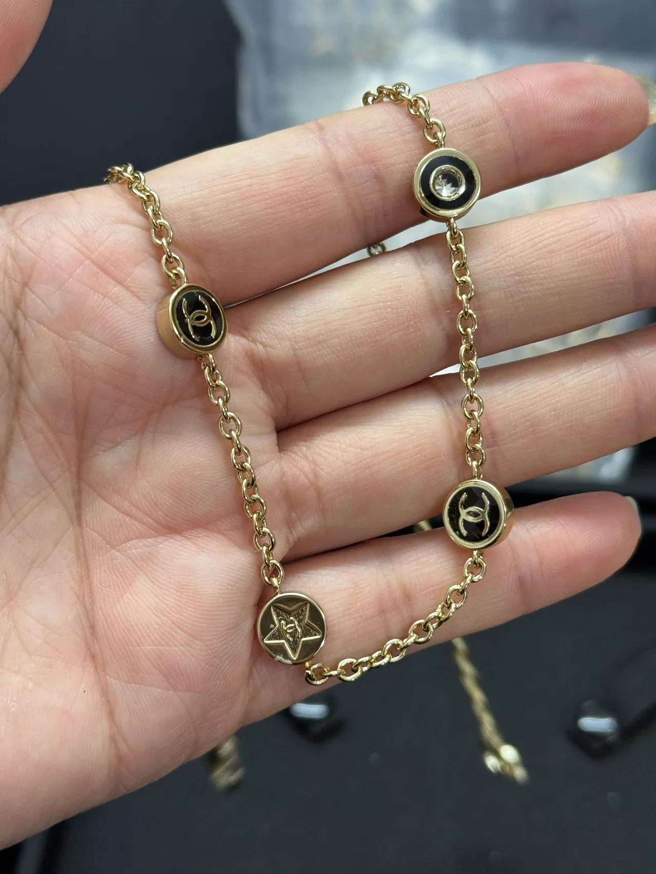 Chanel Black Gold Chain Enamel Charms Necklace 2