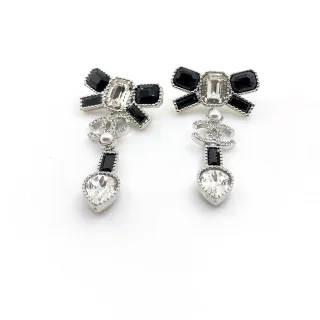 Chanel Bow Crystal Pearl Heart Drop Earrings