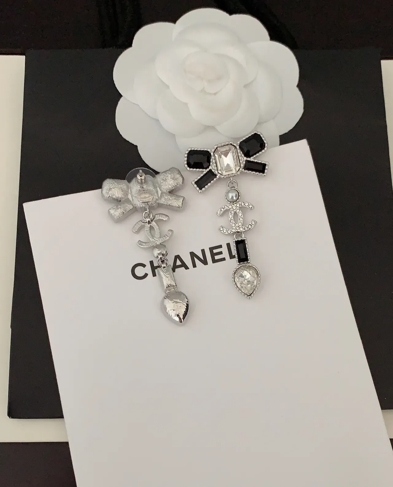 Chanel Bow Crystal Pearl Heart Drop Earrings 2