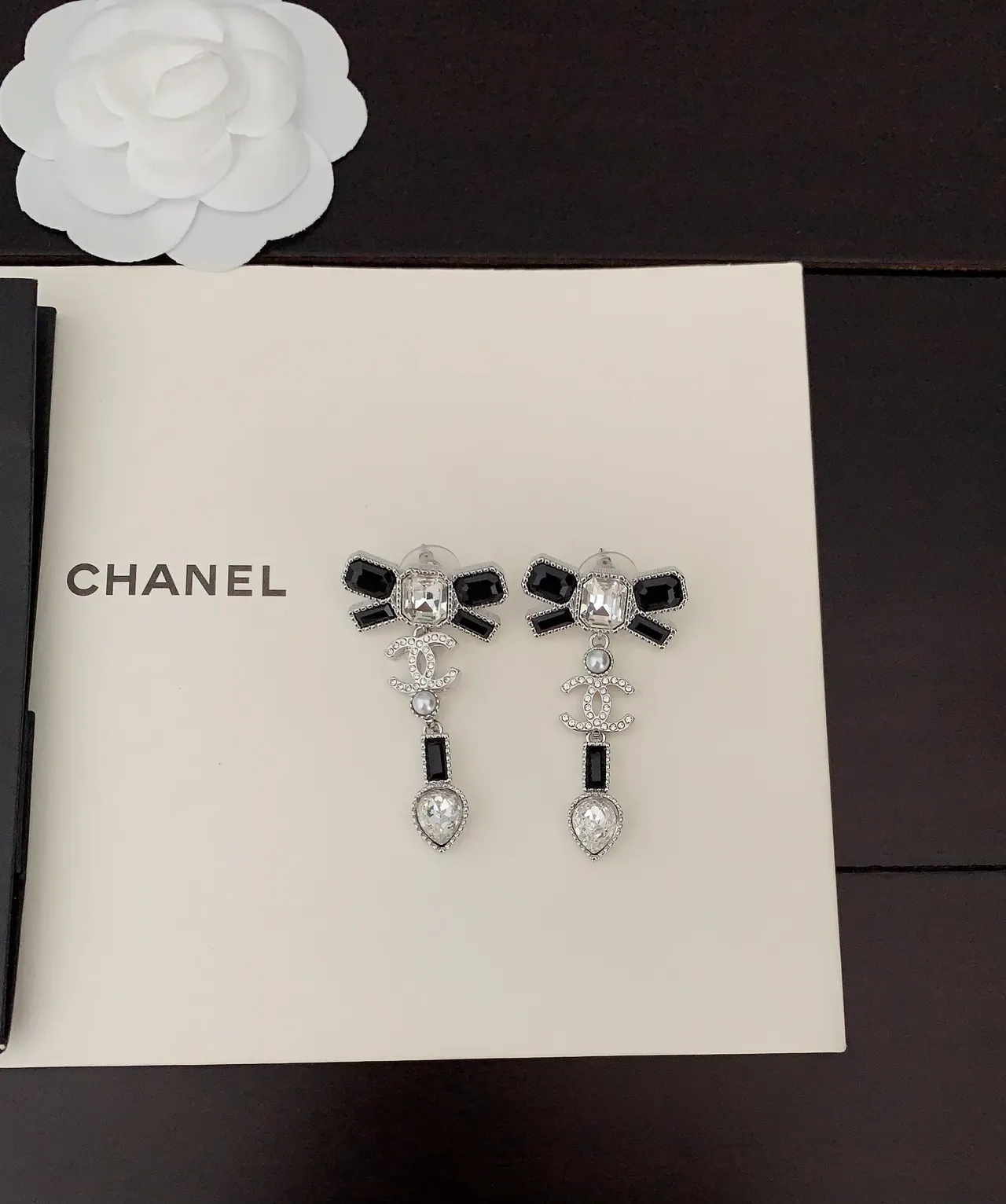 Chanel Bow Crystal Pearl Heart Drop Earrings 4