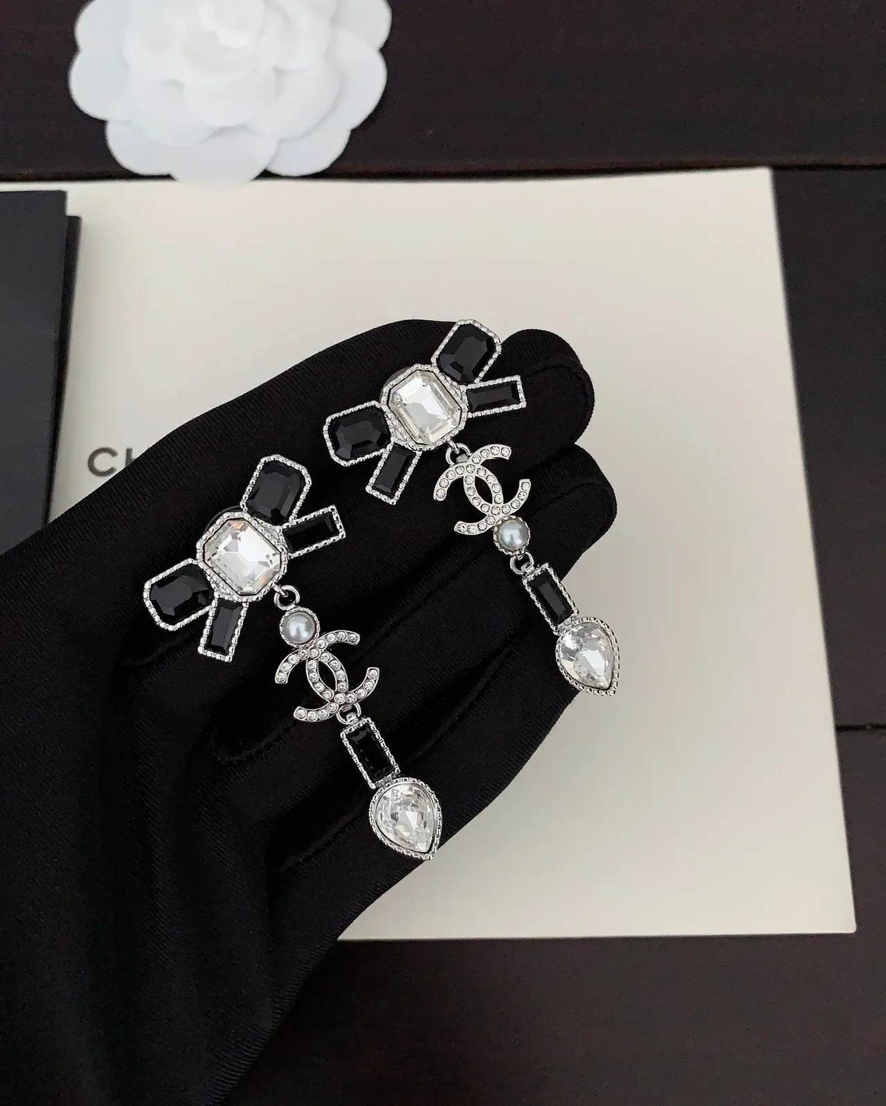 Chanel Bow Crystal Pearl Heart Drop Earrings 5