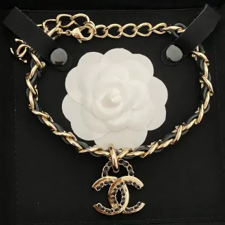 Chanel Camellia Braided Leather and Chain Necklace