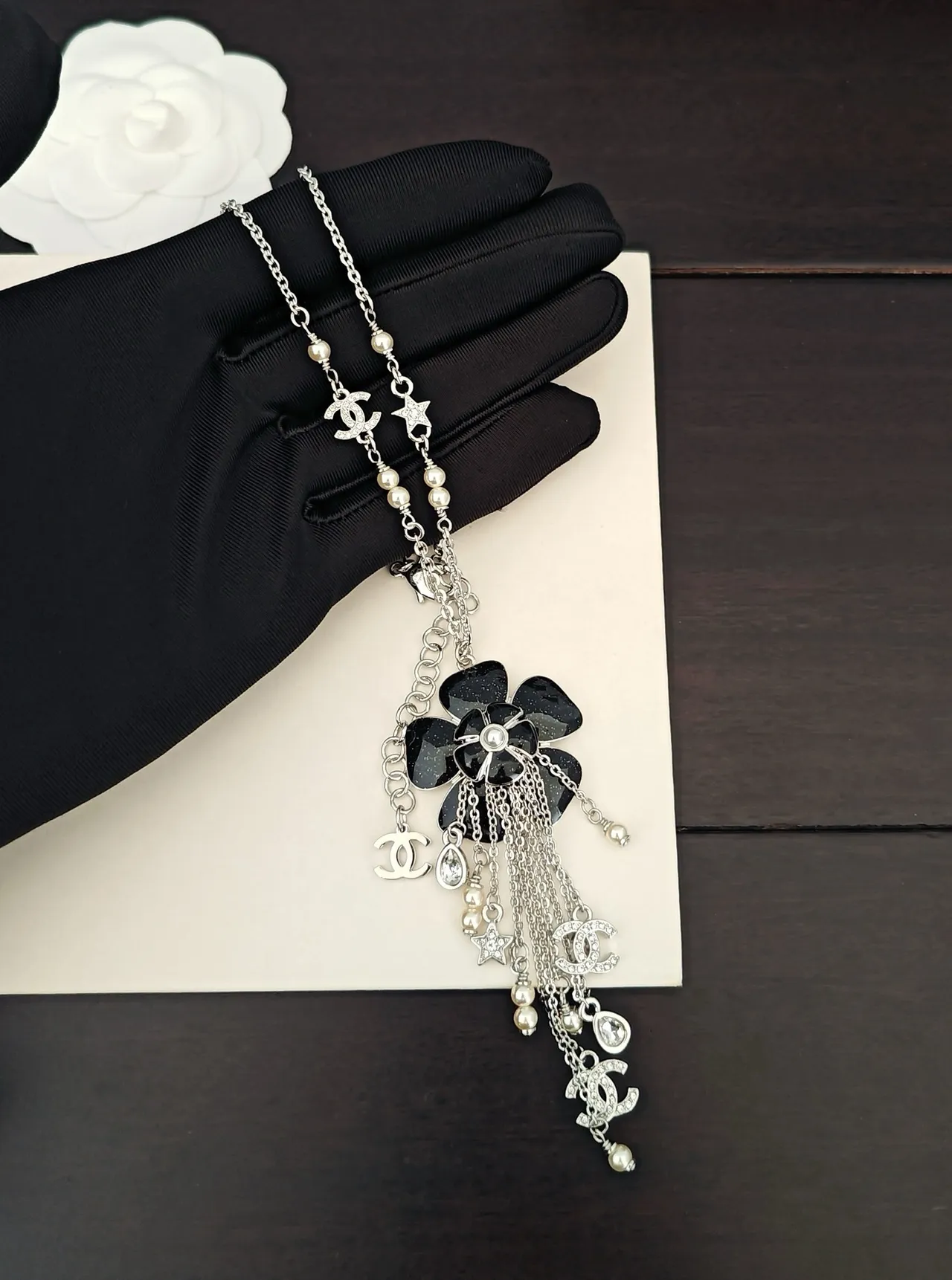 Chanel Camellia Charm Necklace Black and Silver Pearl Tassel Necklace 2