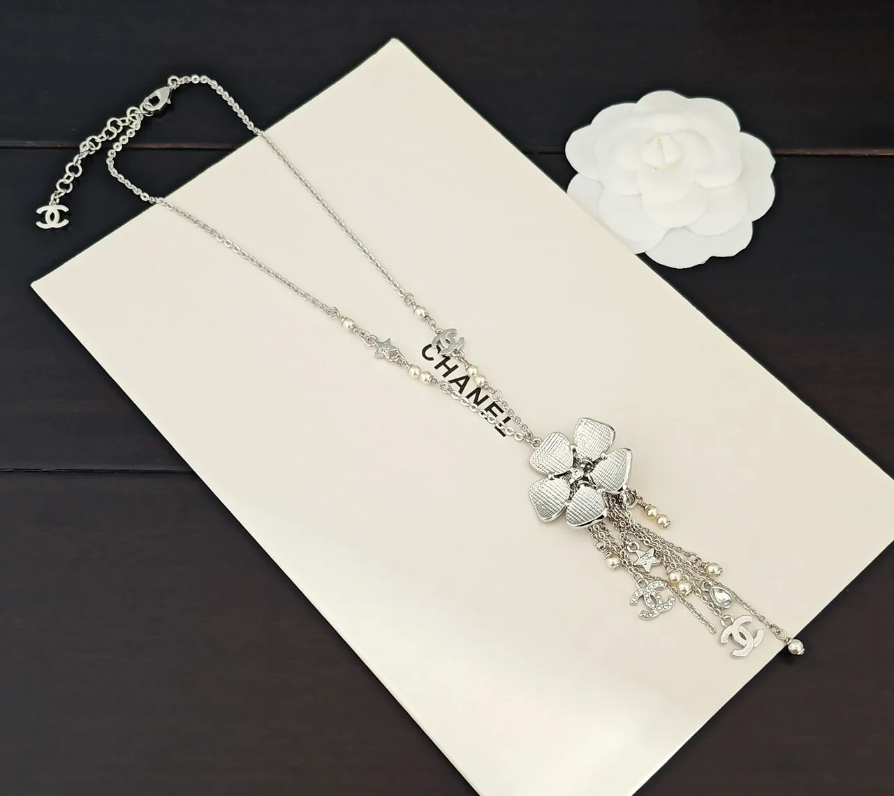 Chanel Camellia Charm Necklace Black and Silver Pearl Tassel Necklace 3