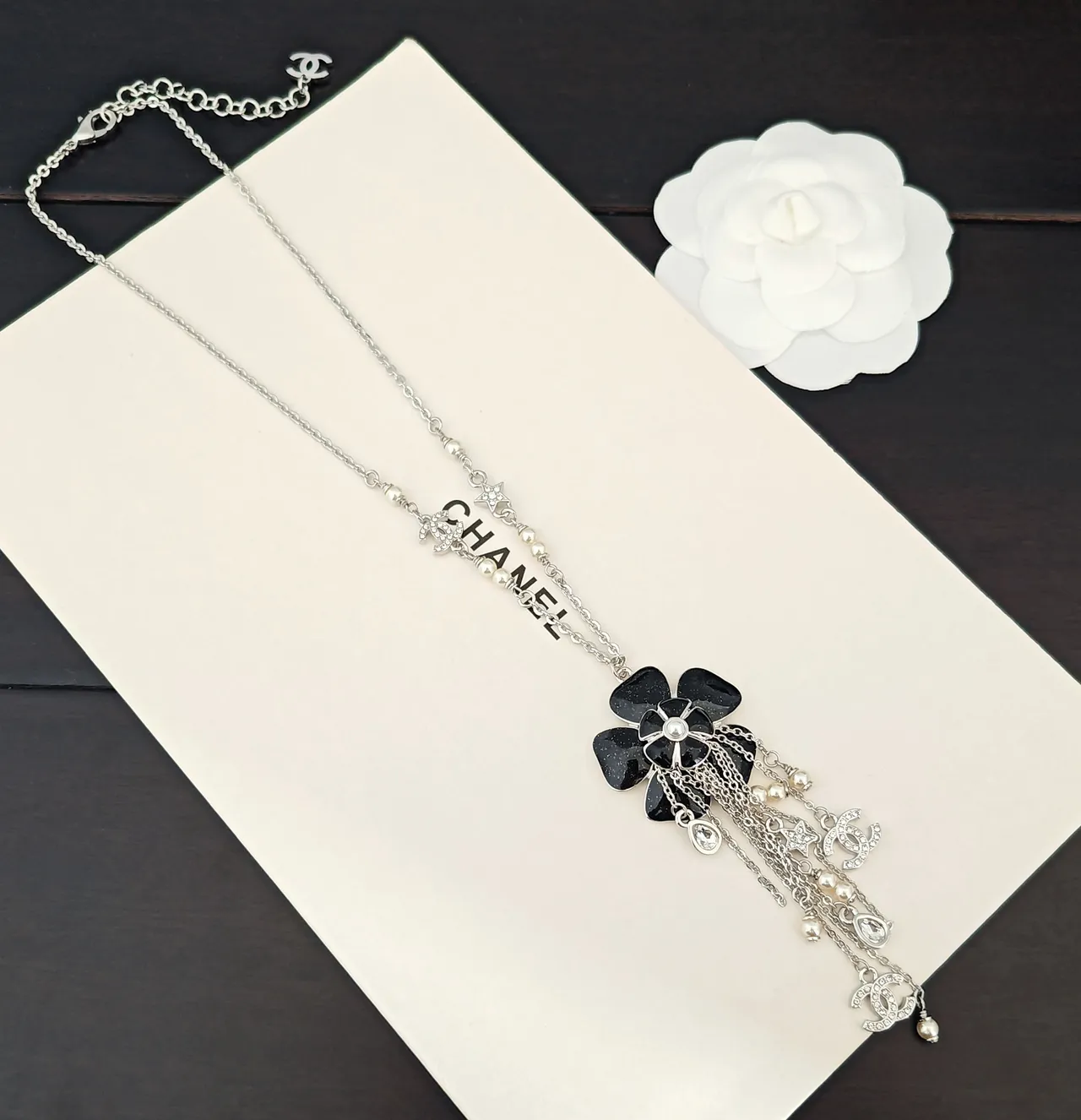 Chanel Camellia Charm Necklace Black and Silver Pearl Tassel Necklace 4