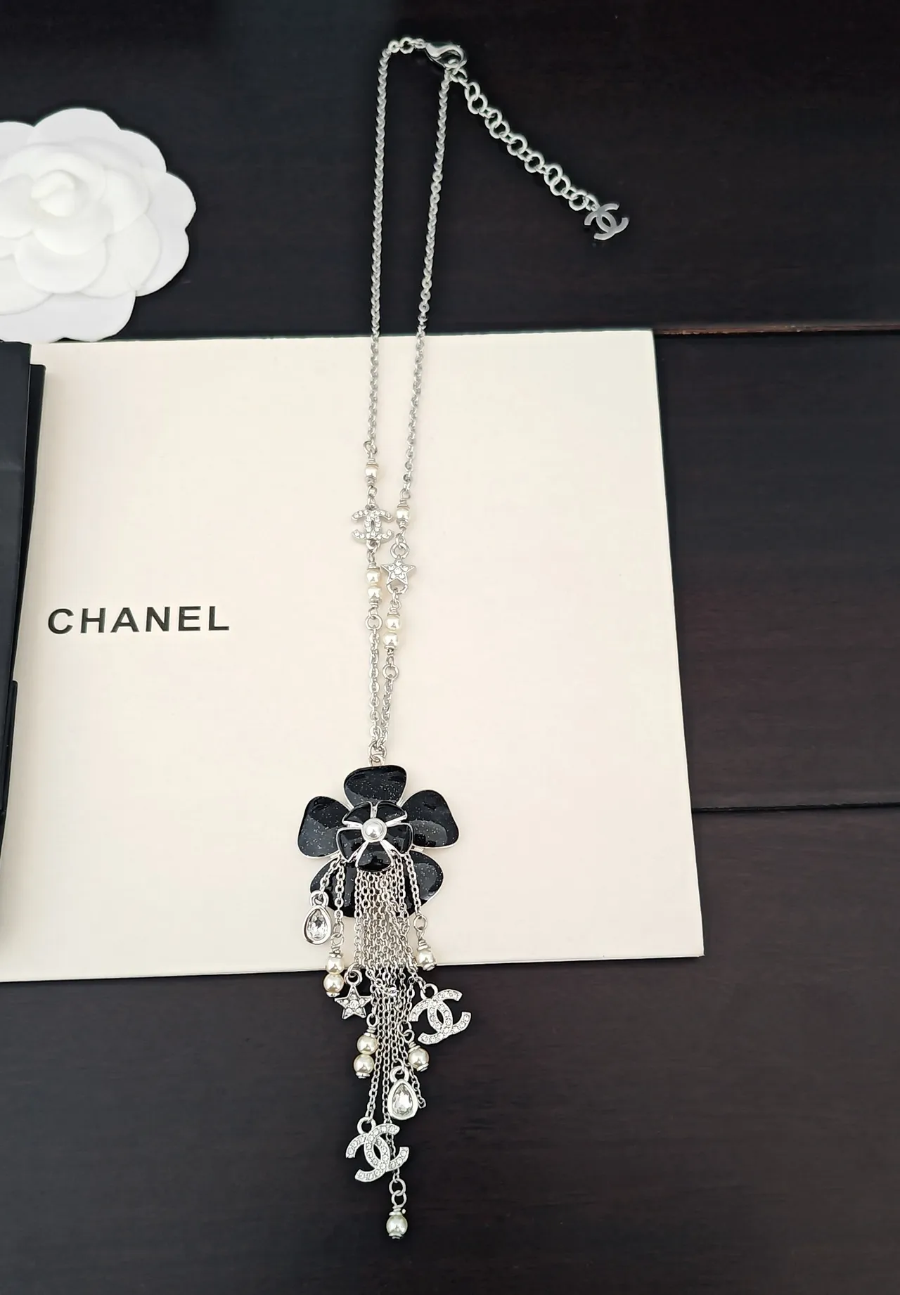 Chanel Camellia Charm Necklace Black and Silver Pearl Tassel Necklace 5