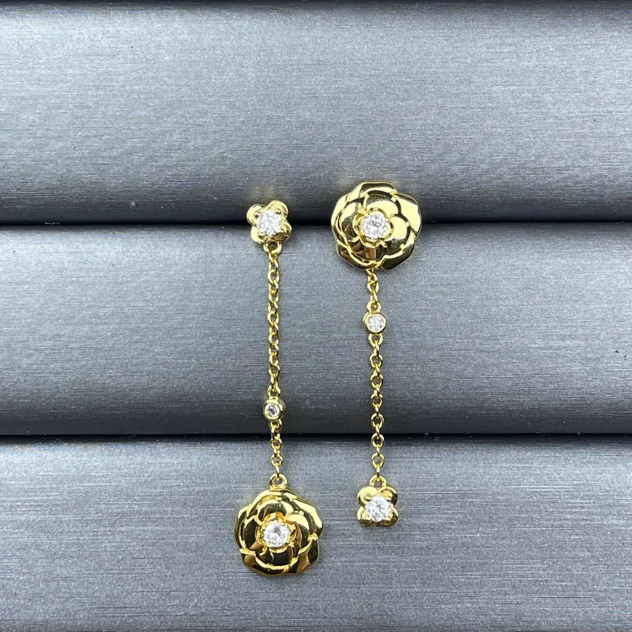 Chanel Camellia Floral Pavé Chain Drop Earrings 2