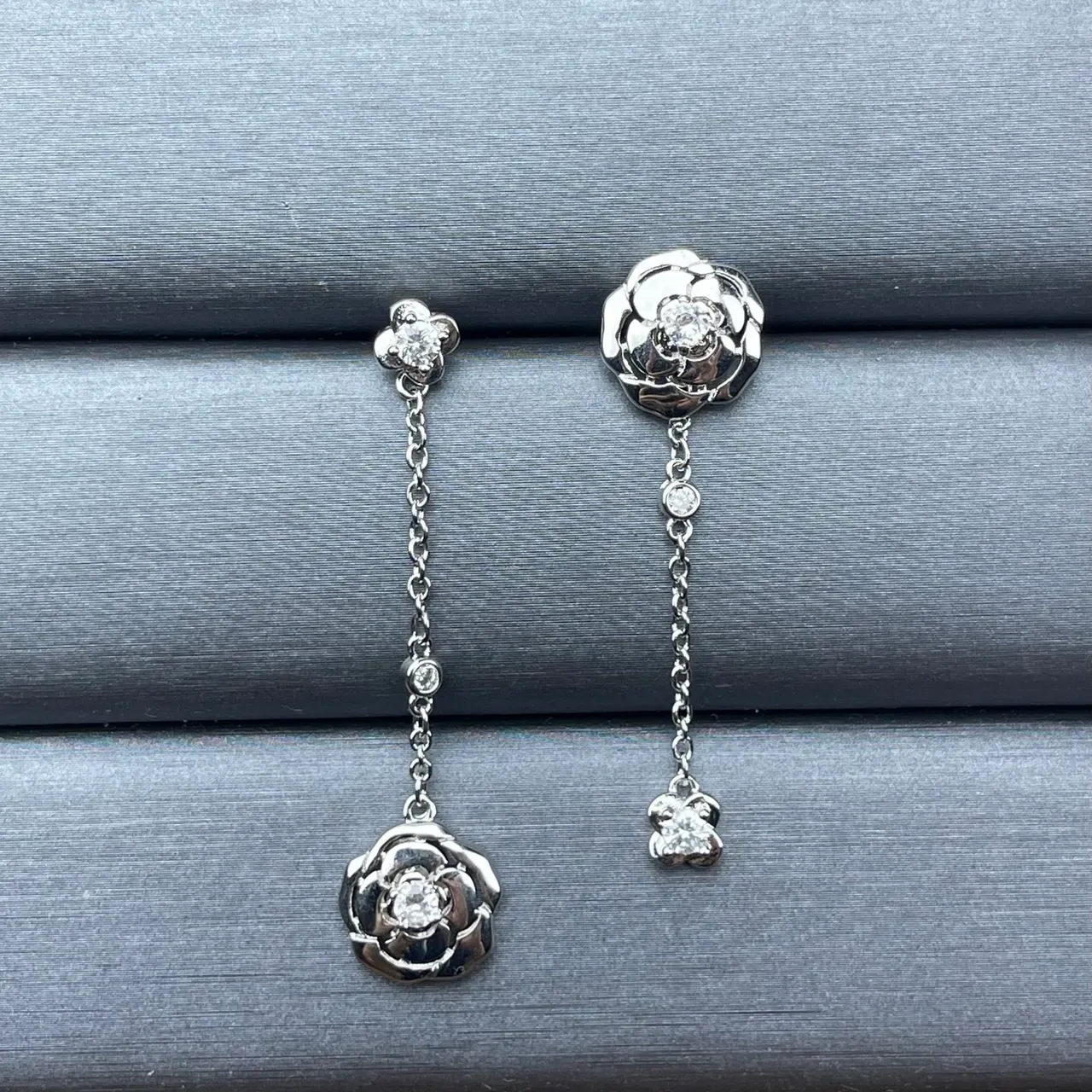 Chanel Camellia Floral Pavé Chain Drop Earrings 3