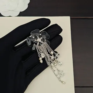 Chanel Camellia Flower Black Enamel Pearl Crystal Tassel Brooch