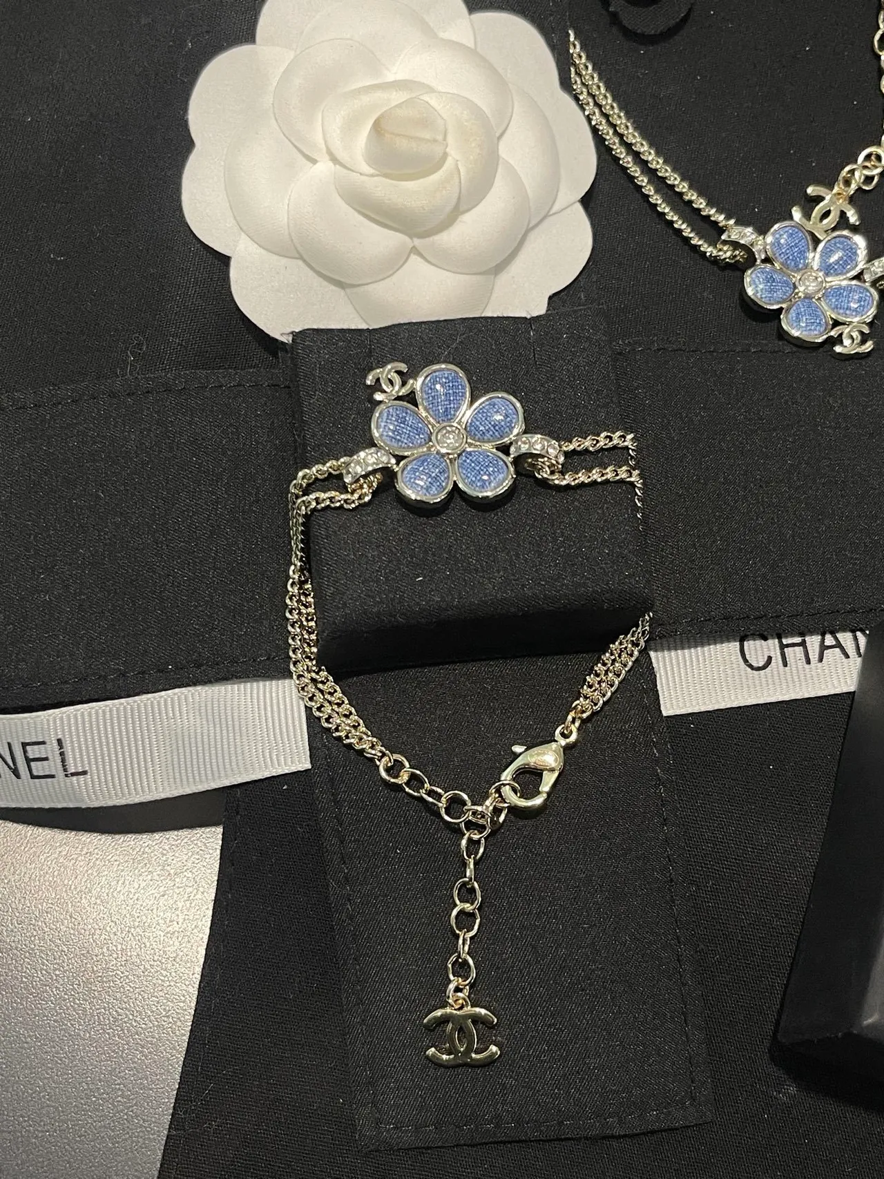 Chanel Camellia Flower Blue Enamel Silver-Tone Chain Bracelet 5