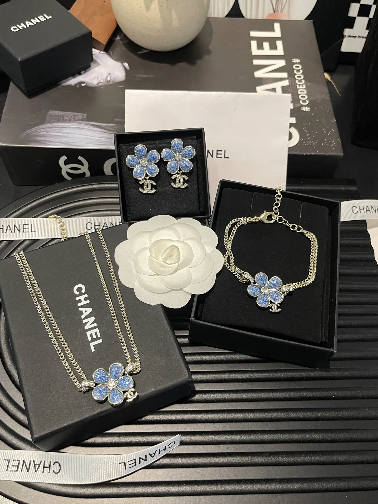 Chanel Camellia Flower Blue Enamel Silver-Tone Chain Bracelet 6