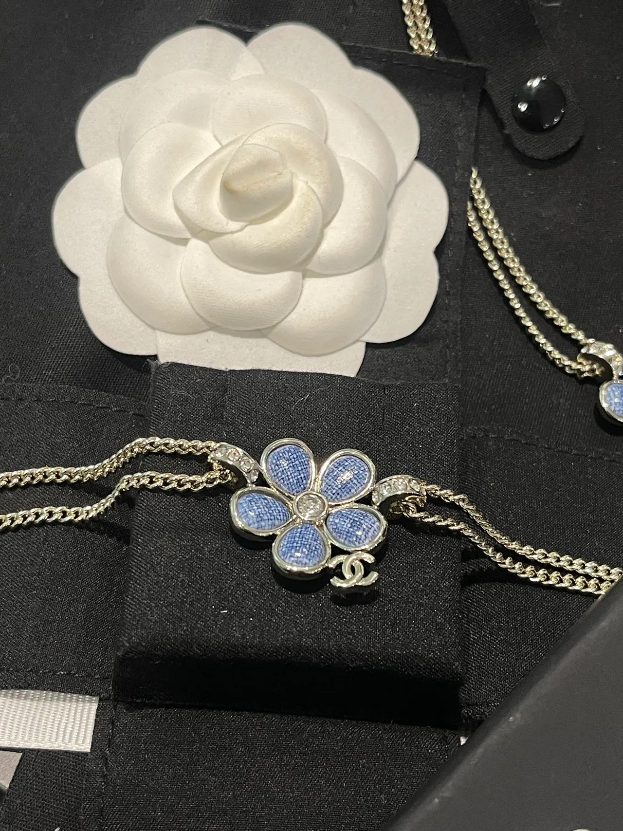 Chanel Camellia Flower Blue Enamel Silver-Tone Chain Bracelet 2