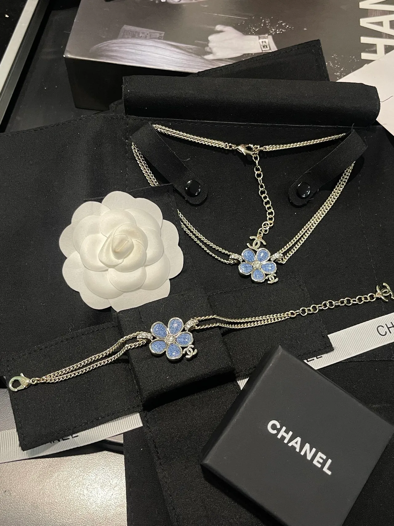 Chanel Camellia Flower Blue Enamel Silver-Tone Chain Bracelet 4
