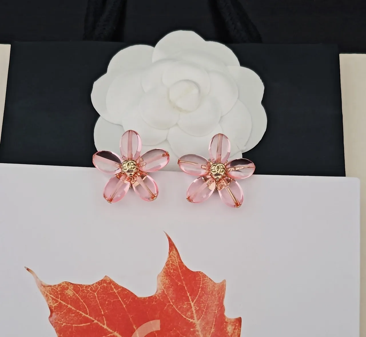 Chanel Camellia Flower Pink Resin and Gold-Tone Stud Earrings 2