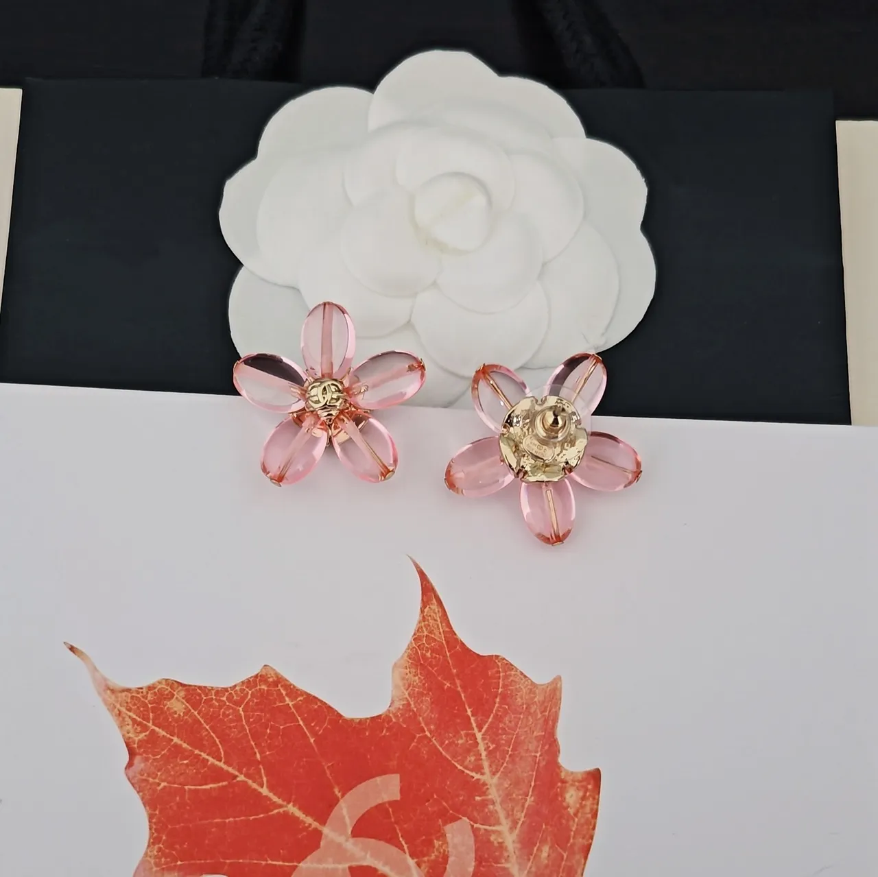 Chanel Camellia Flower Pink Resin and Gold-Tone Stud Earrings 3