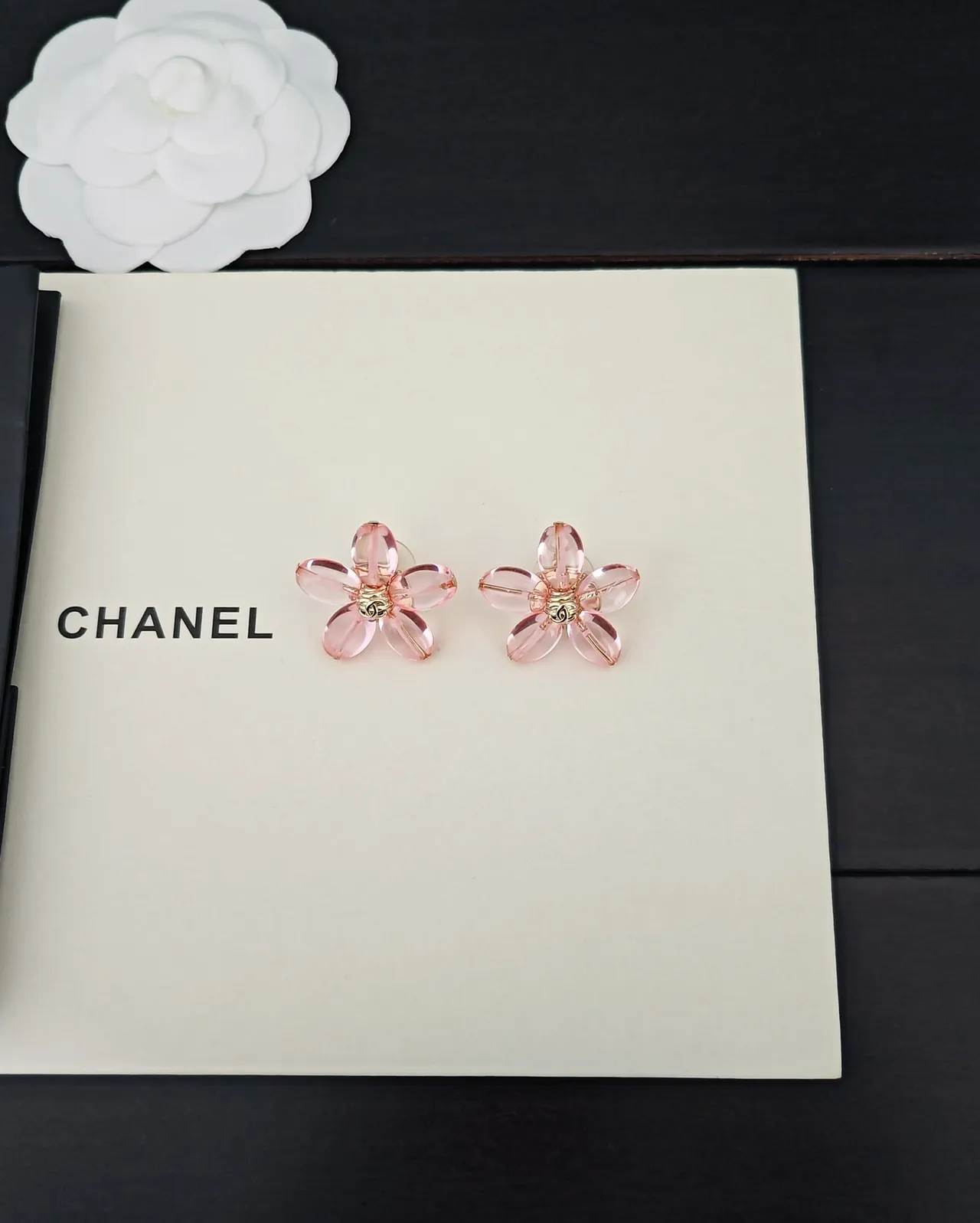 Chanel Camellia Flower Pink Resin and Gold-Tone Stud Earrings 5