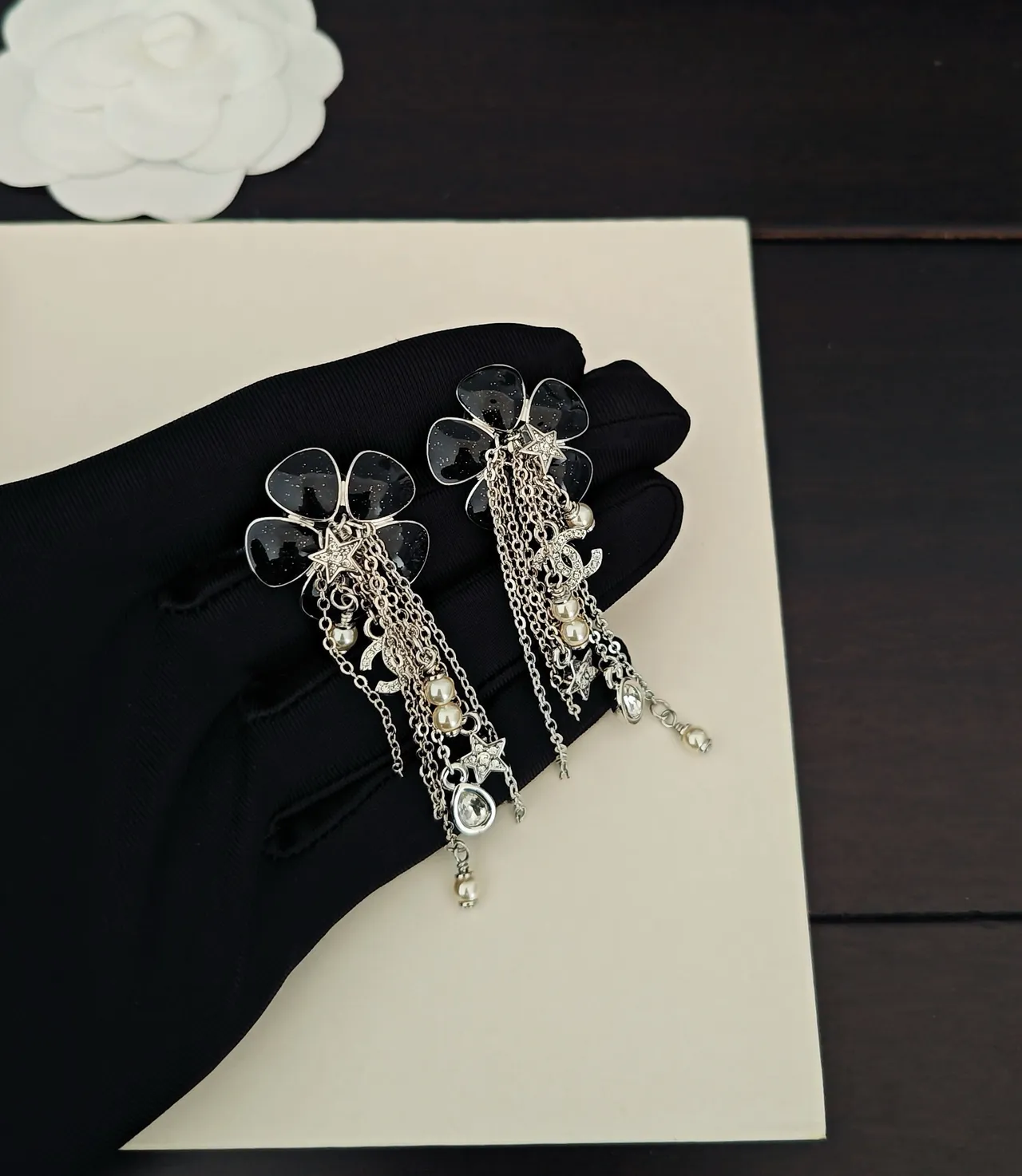 Chanel Camellia Fringe Black Silver Floral Top Multi-Chain Earrings 2