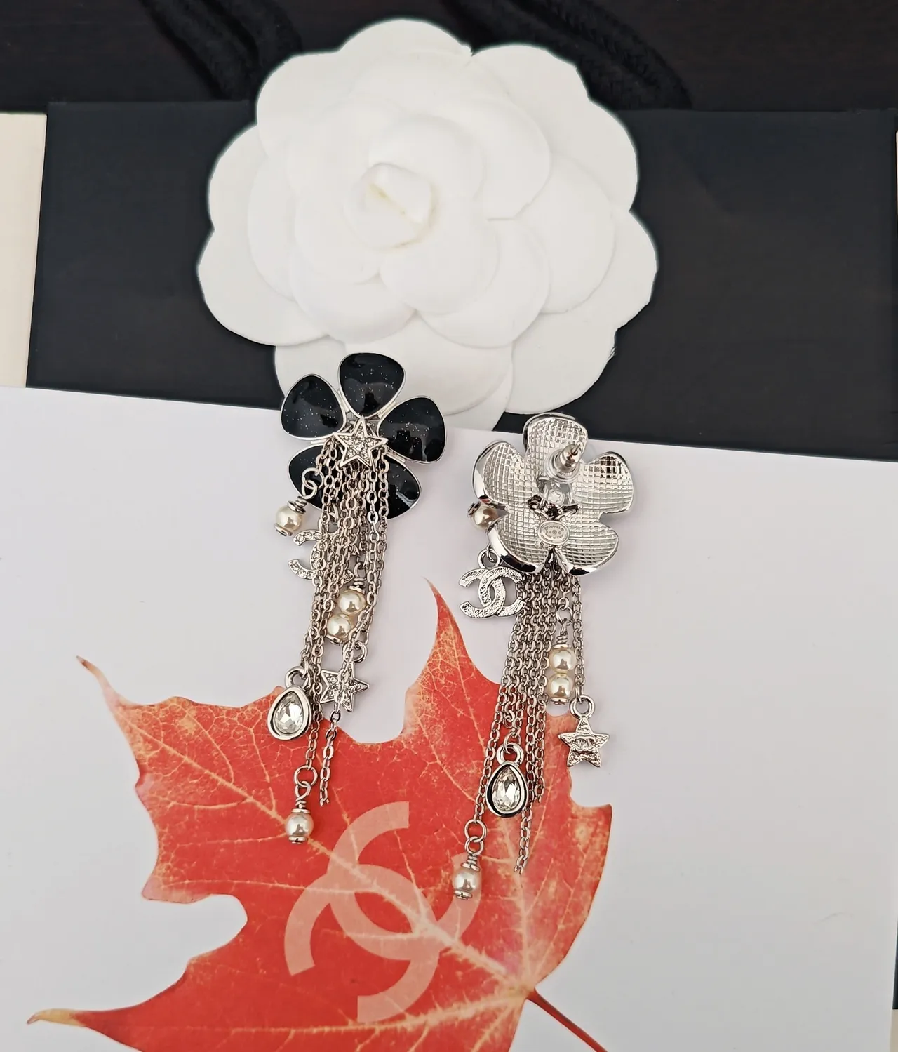 Chanel Camellia Fringe Black Silver Floral Top Multi-Chain Earrings 3