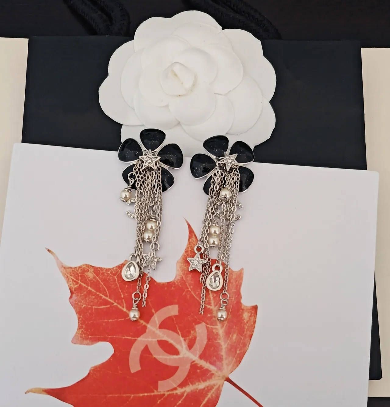 Chanel Camellia Fringe Black Silver Floral Top Multi-Chain Earrings 4
