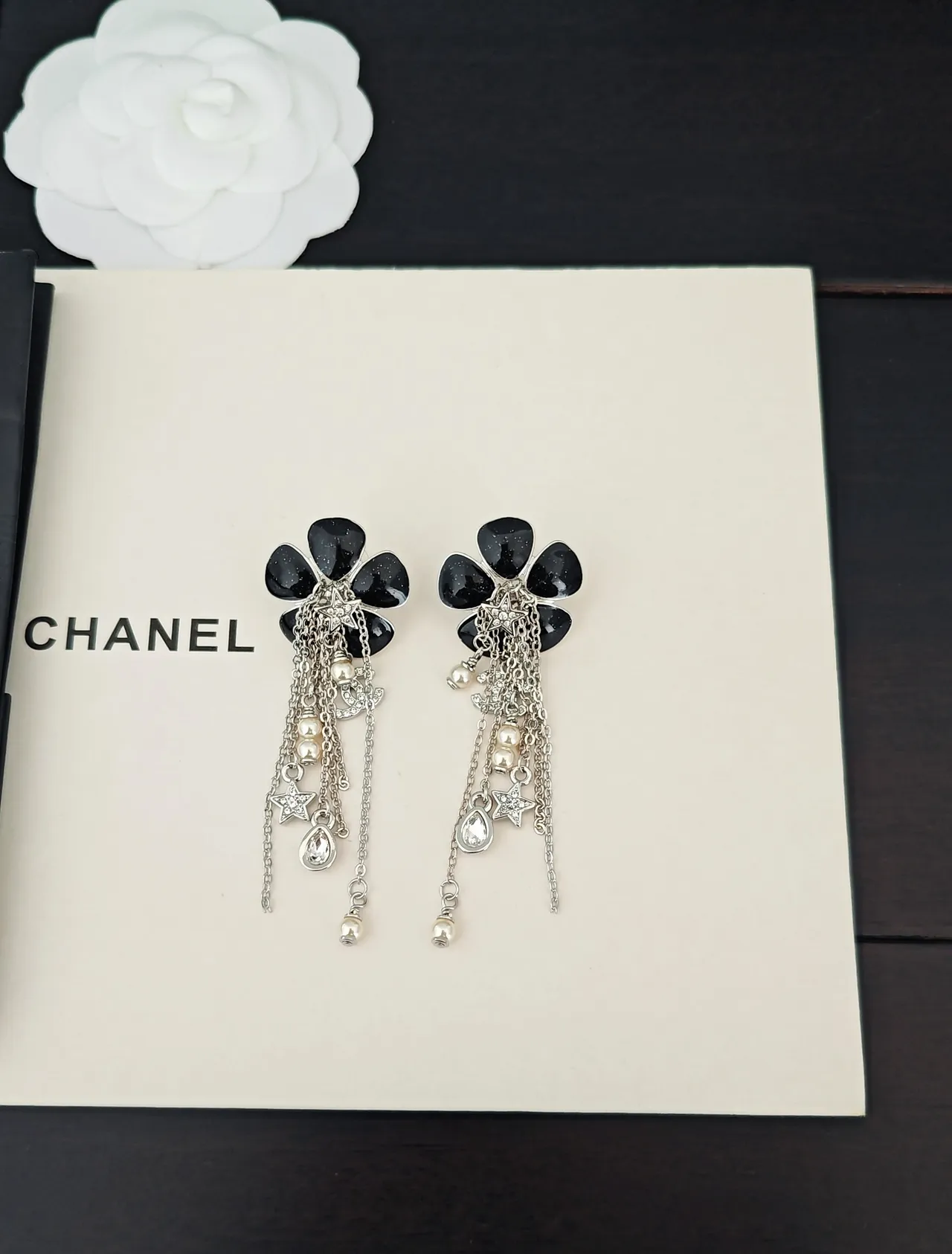 Chanel Camellia Fringe Black Silver Floral Top Multi-Chain Earrings 5