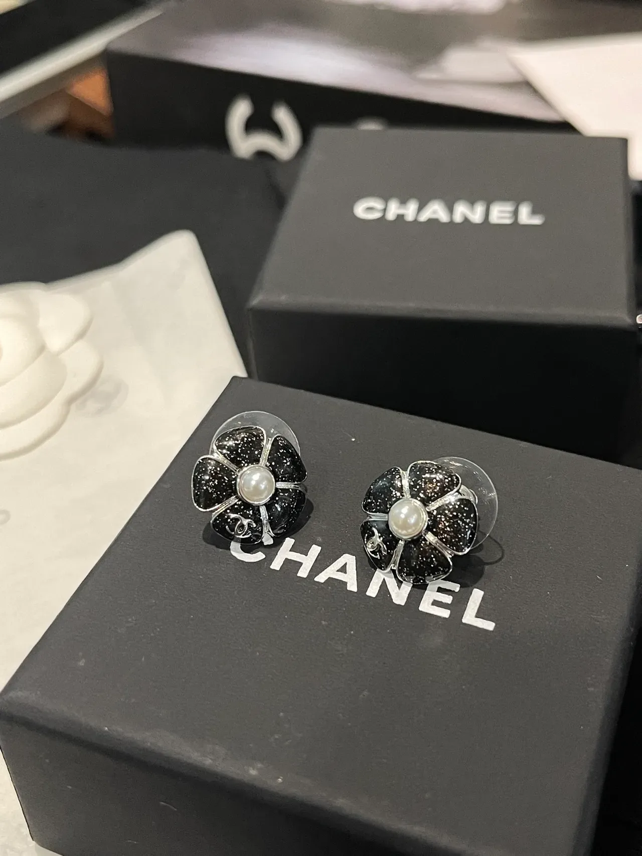 Chanel Camellia Pink Black Glitter Resin Petals Earrings 3