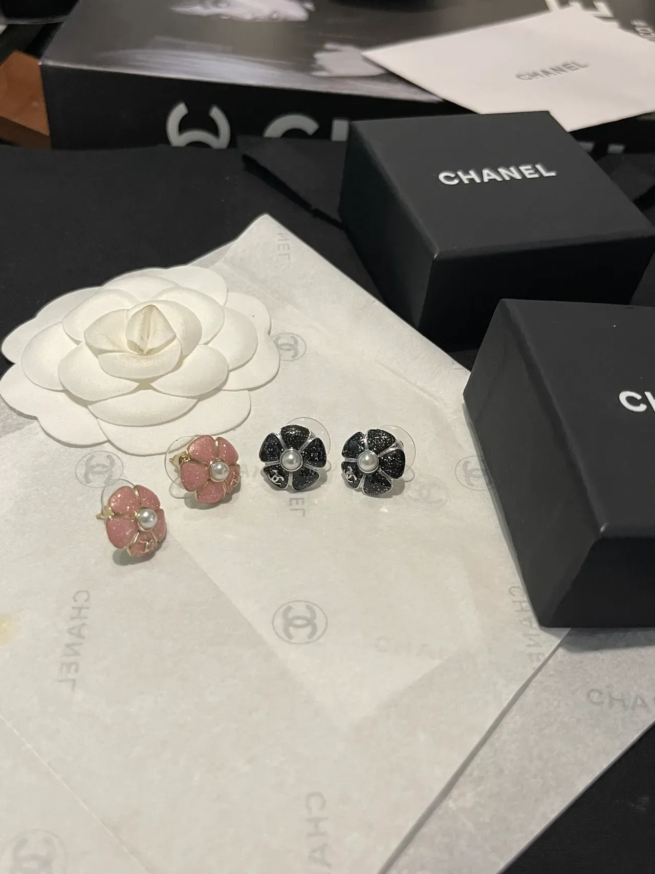 Chanel Camellia Pink Black Glitter Resin Petals Earrings 4