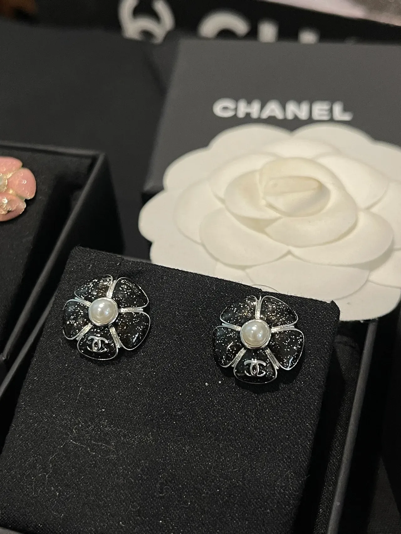 Chanel Camellia Pink Black Glitter Resin Petals Earrings 5