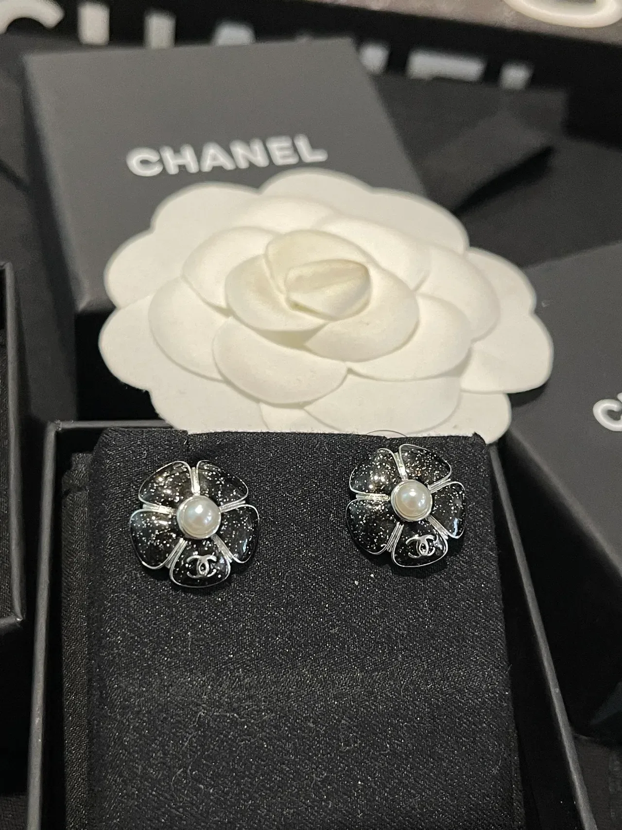 Chanel Camellia Pink Black Glitter Resin Petals Earrings 6