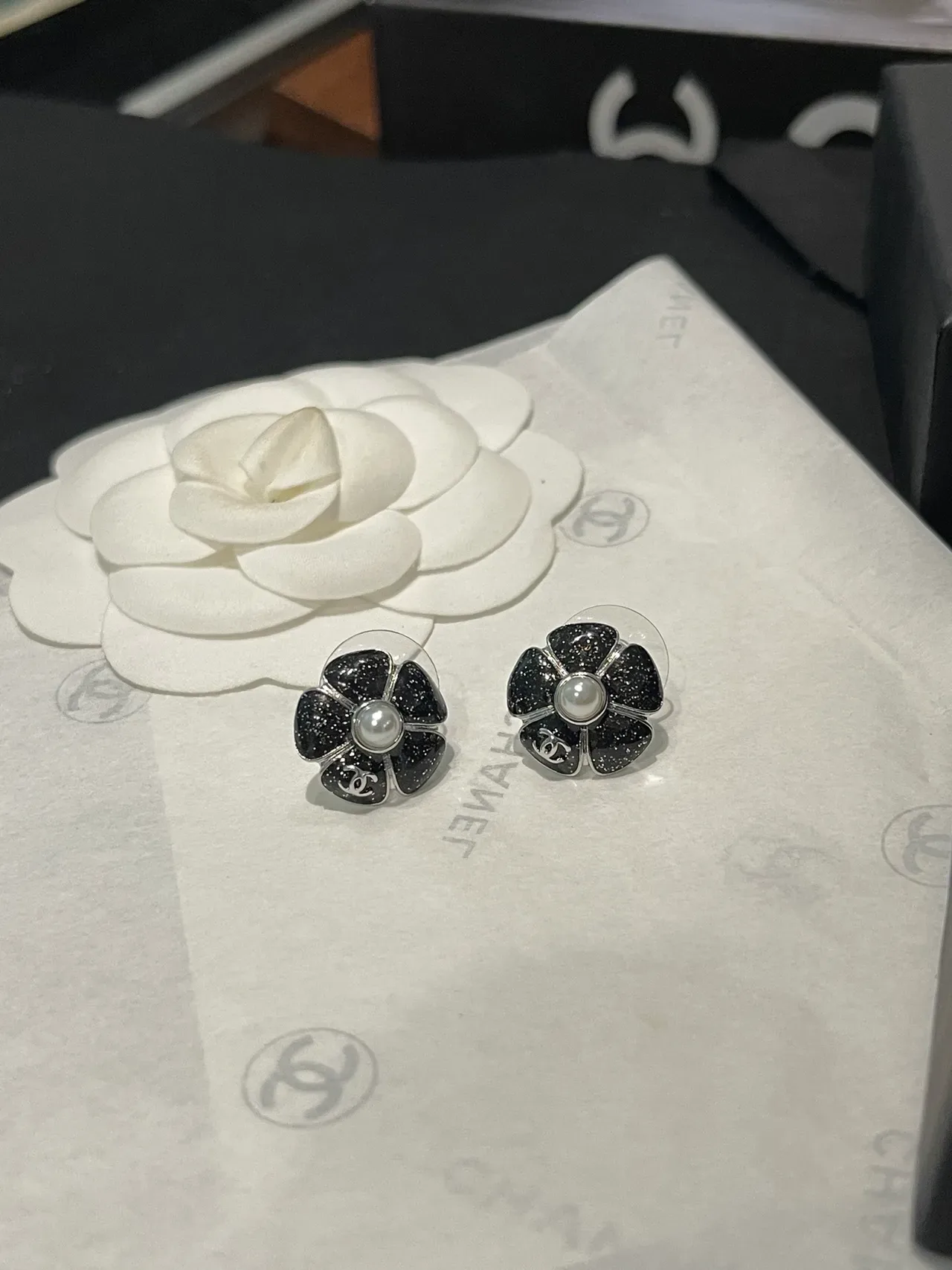 Chanel Camellia Pink Black Glitter Resin Petals Earrings 7