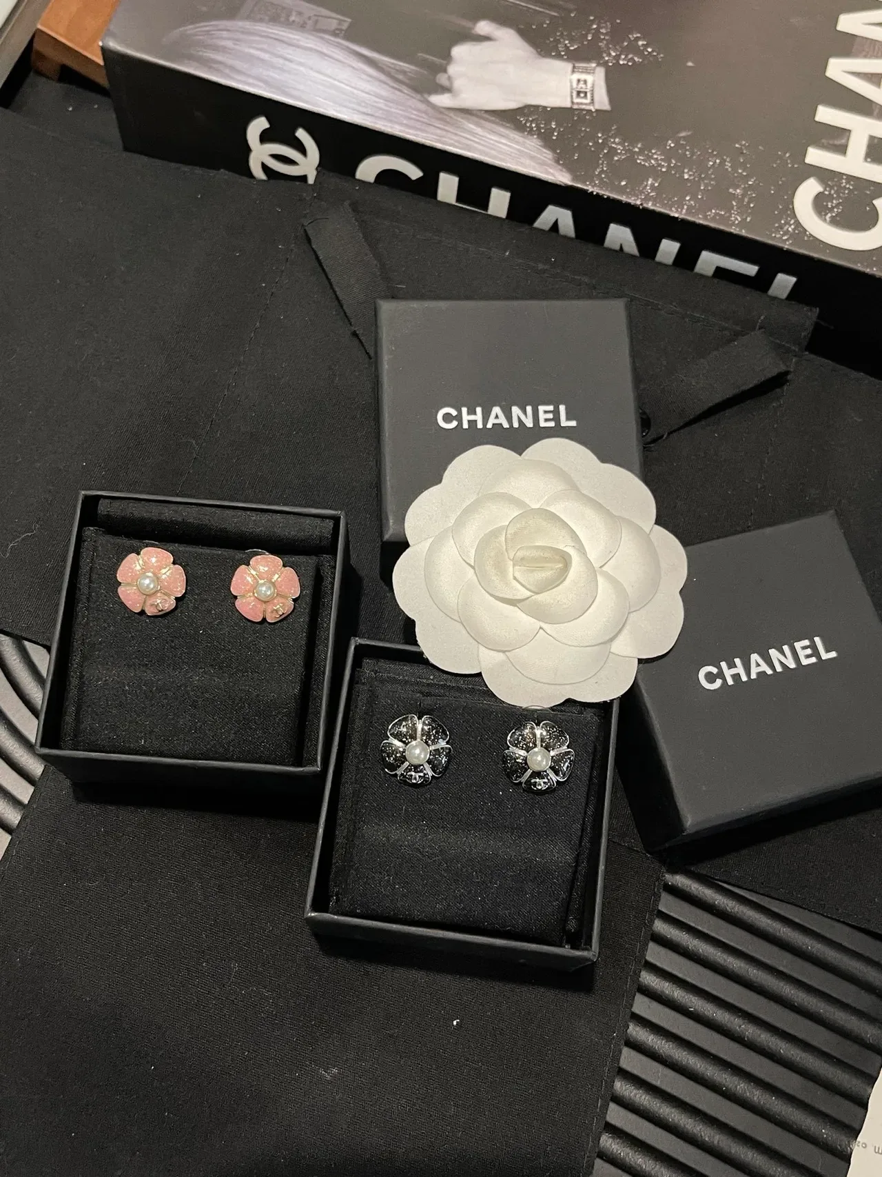 Chanel Camellia Pink Black Glitter Resin Petals Earrings 8