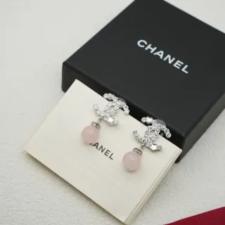 Chanel CC Drop Pink Silver Interlocking Logo लटकती पत्थर की कान की अँगूथियाँ