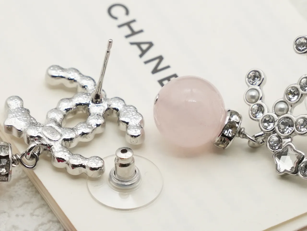 Chanel CC Drop Pink Silver Interlocking Logo Dangling Stone Earrings 2