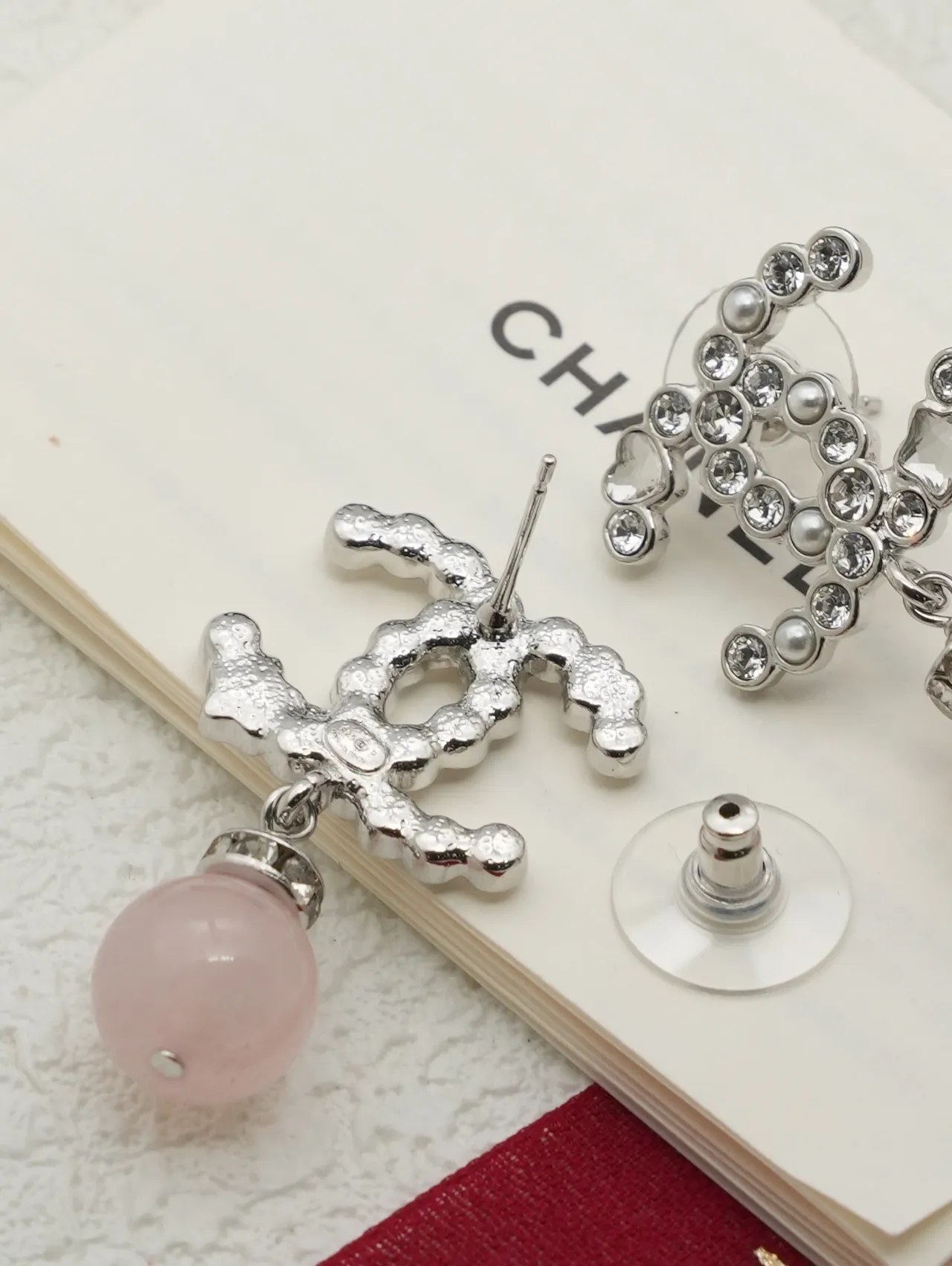 Chanel CC Drop Pink Silver Interlocking Logo Dangling Stone Earrings 3