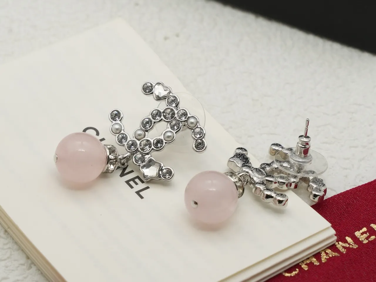Chanel CC Drop Pink Silver Interlocking Logo Dangling Stone Earrings 5