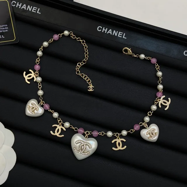 Chanel CC Heart Charm Necklace White Pink Gold-Tone Chain Pearlized Charms Necklace 4