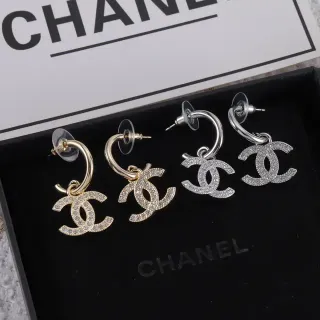 Chanel CC Logo Hoop Gold Silver Crystal-Pavé Earrings