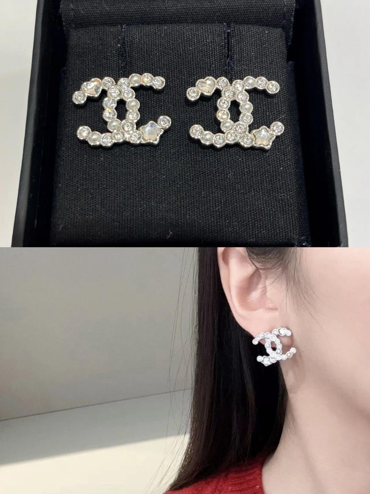 Chanel CC Logo Pearl and Crystal Star Heart Earrings 2