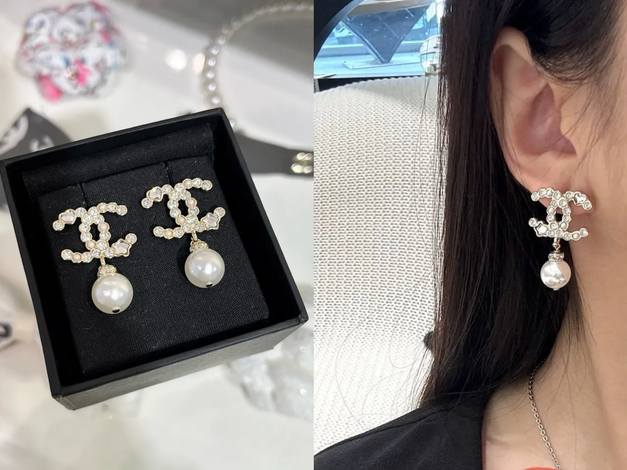 Chanel CC Pearl Drop White Gold Crystal-Encrusted Logo Dangle Earrings 2
