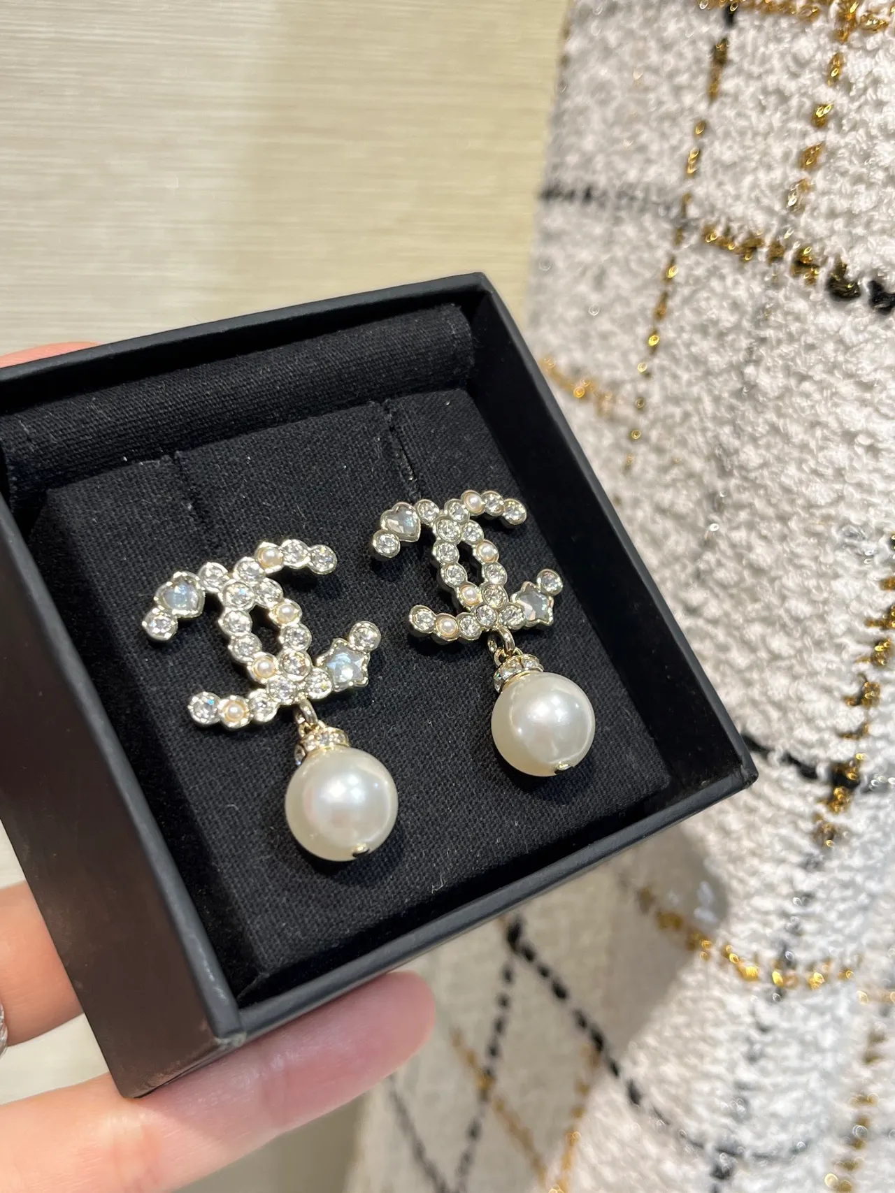Chanel CC Pearl Drop White Gold Crystal-Encrusted Logo Dangle Earrings 3