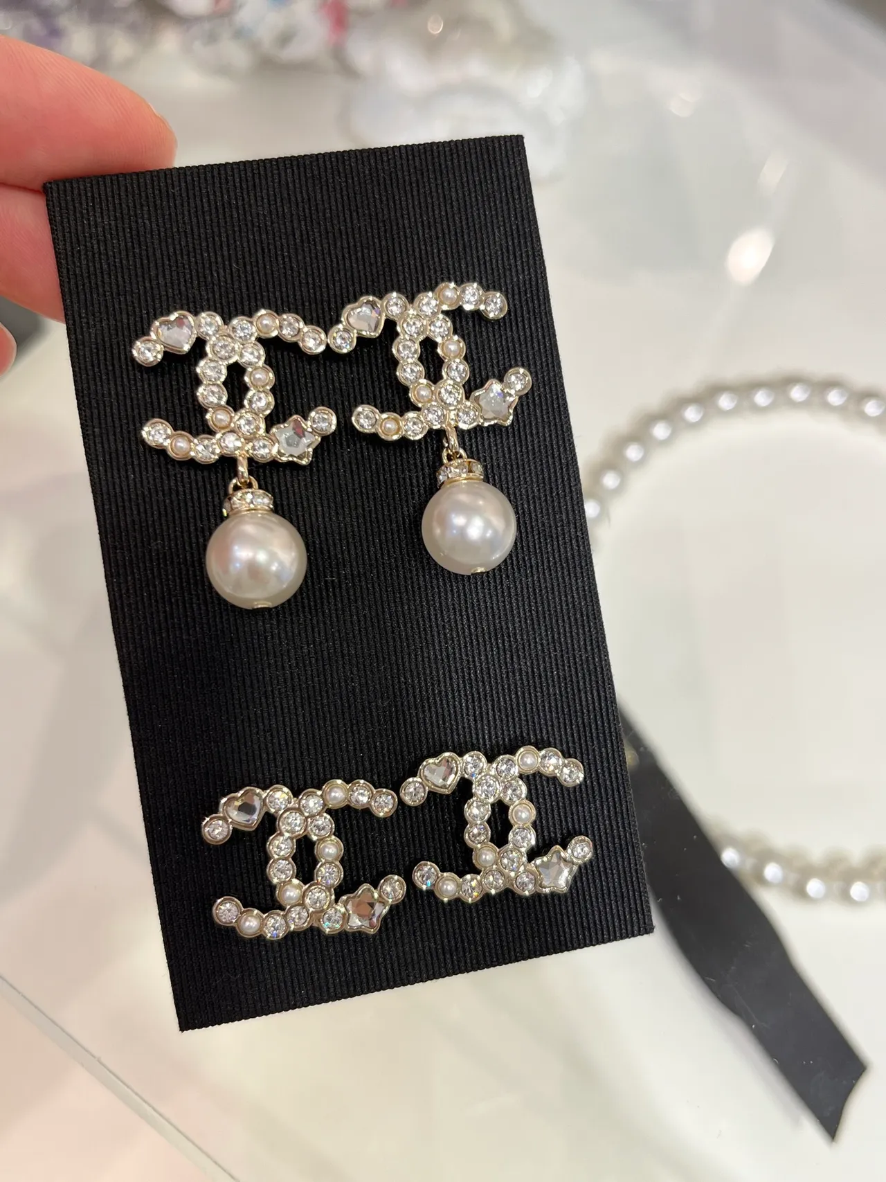 Chanel CC Pearl Drop White Gold Crystal-Encrusted Logo Dangle Earrings 4