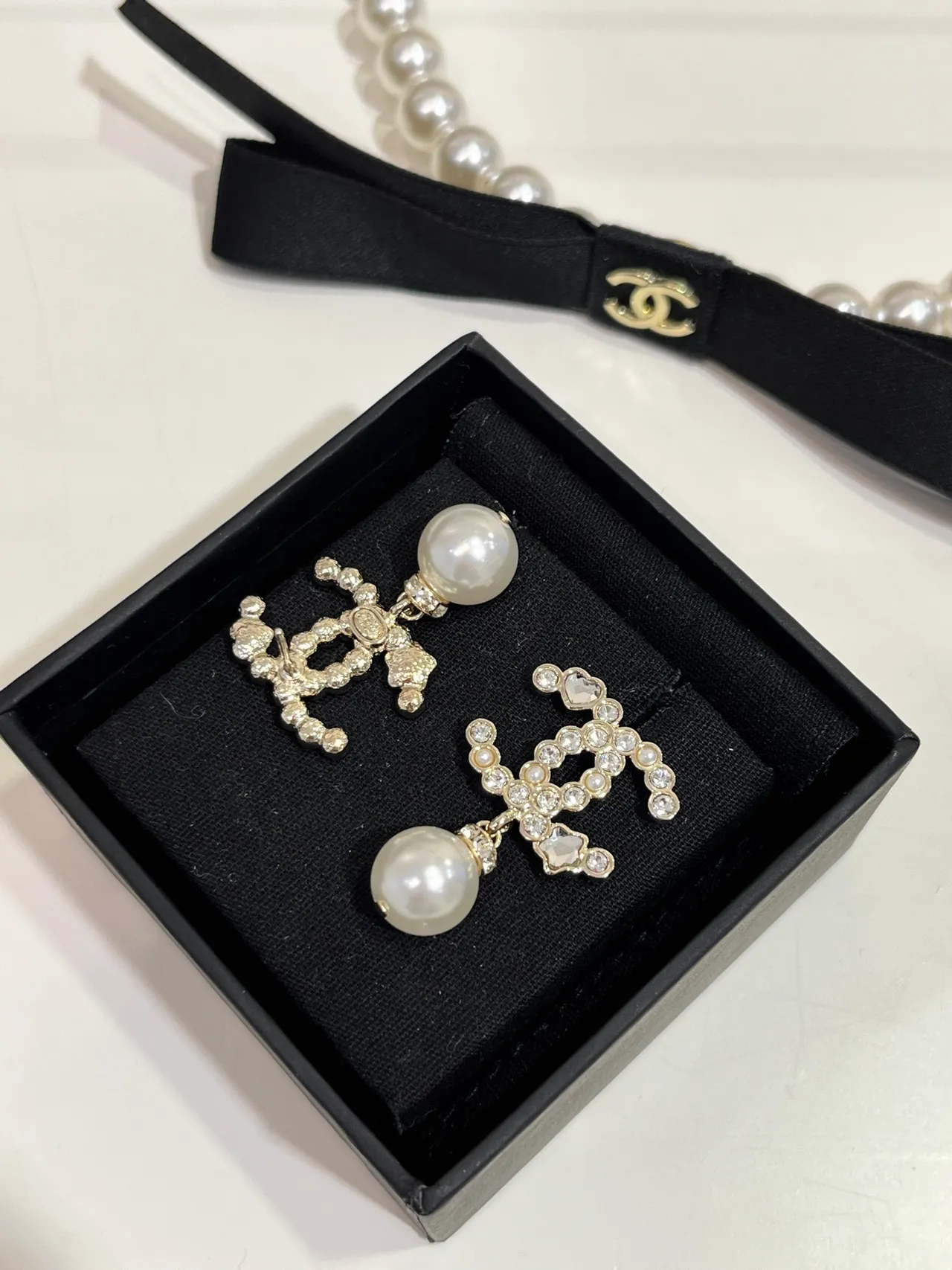 Chanel CC Pearl Drop White Gold Crystal-Encrusted Logo Dangle Earrings 6