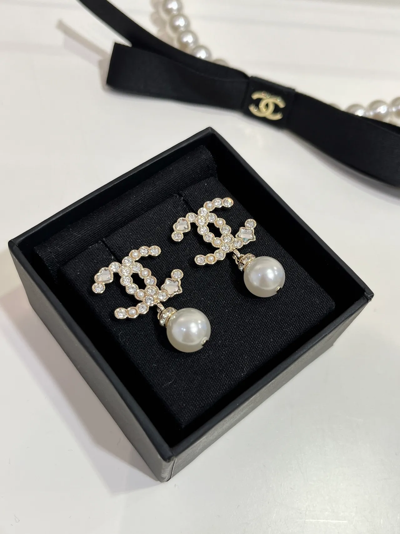 Chanel CC Pearl Drop White Gold Crystal-Encrusted Logo Dangle Earrings 8