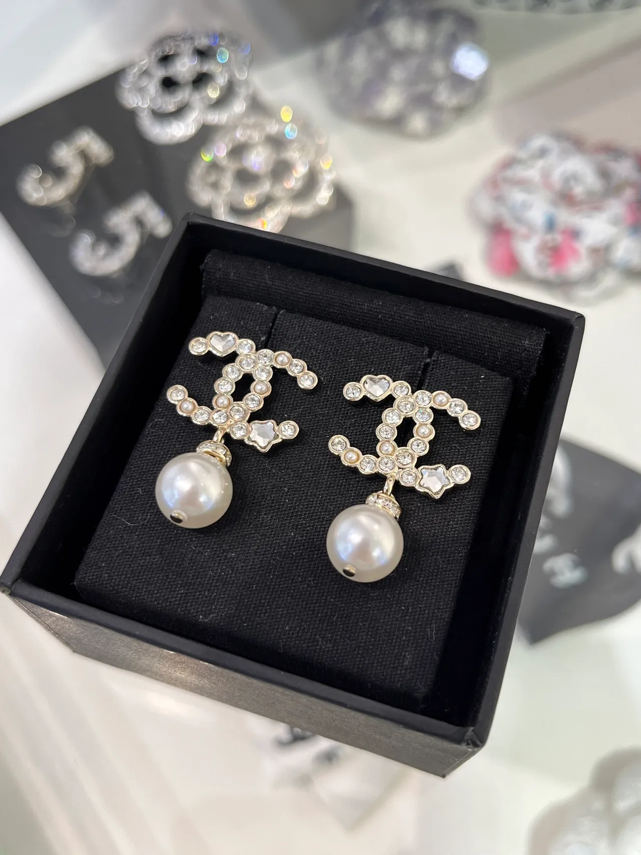 Chanel CC Pearl Drop White Gold Crystal-Encrusted Logo Dangle Earrings 9