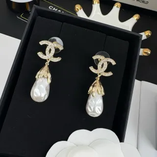 Chanel CC Pearl Drop White Gold Logo Pavé Baroque Earrings