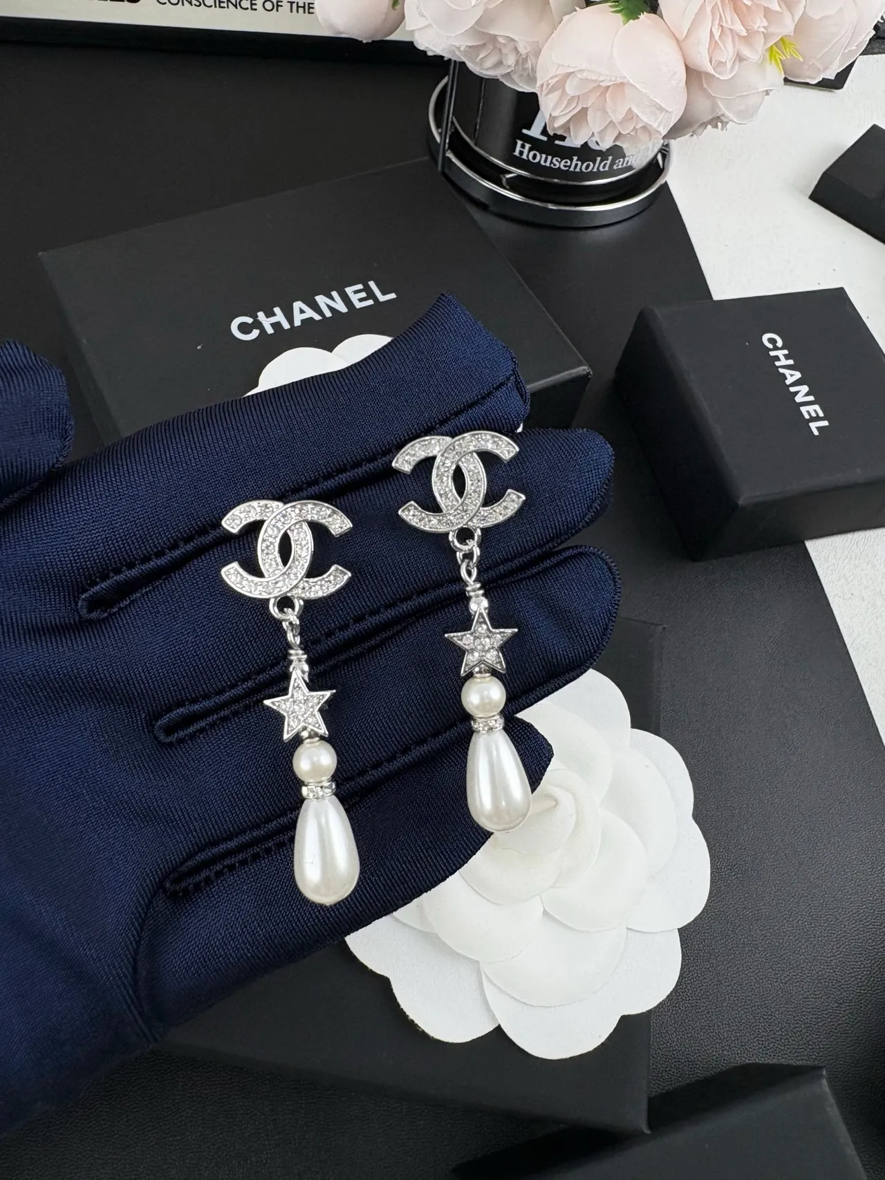 Chanel CC Star Pearl Crystal Drop Earrings 2