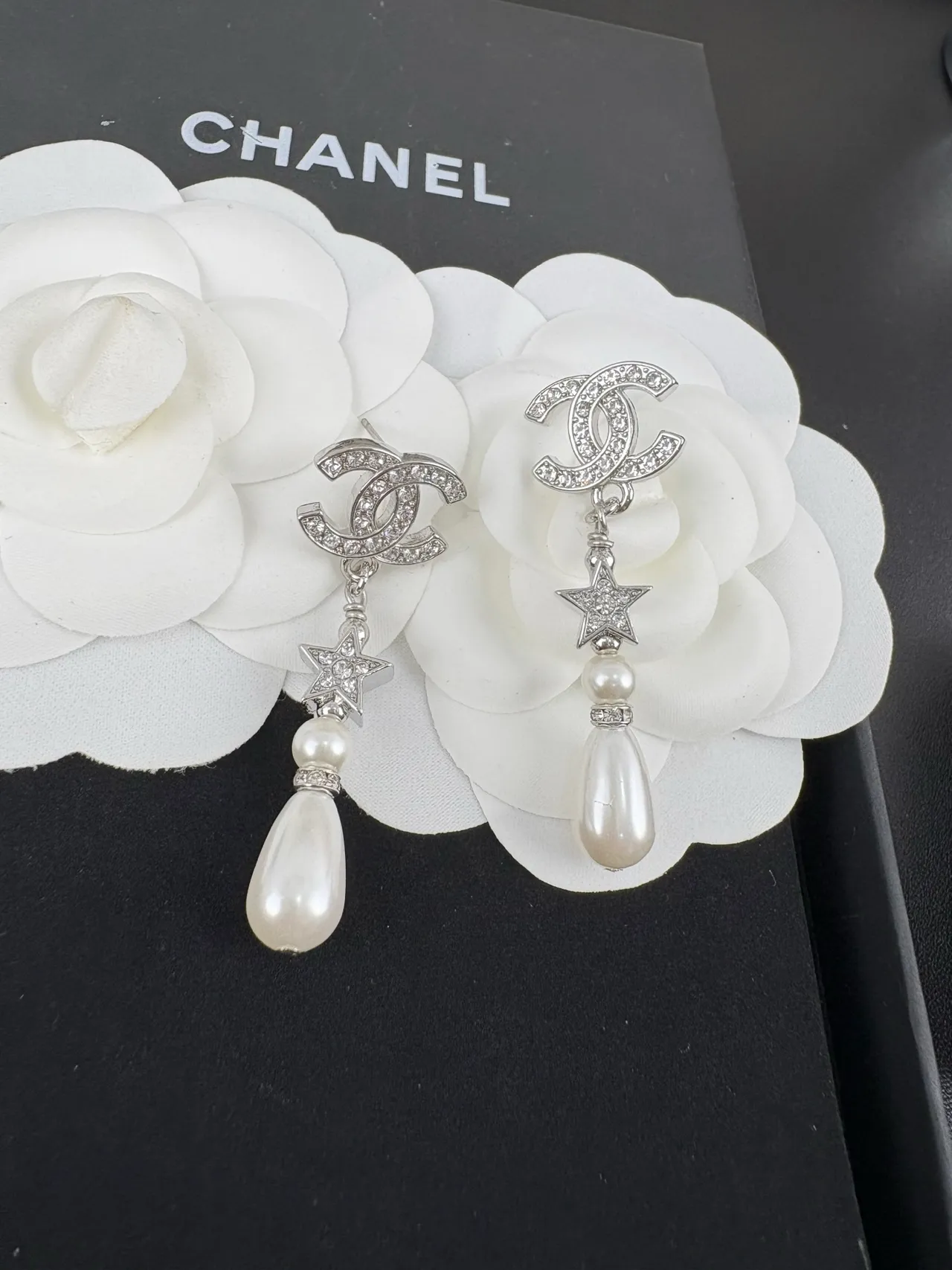 Chanel CC Star Pearl Crystal Drop Earrings 4