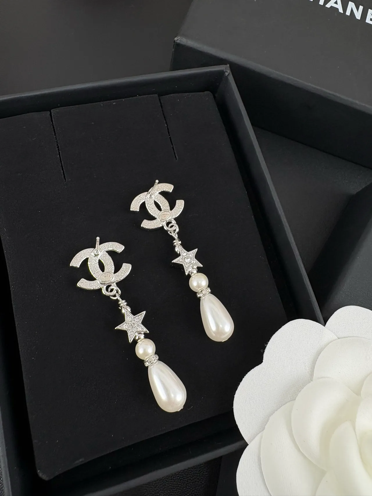 Chanel CC Star Pearl Crystal Drop Earrings 6